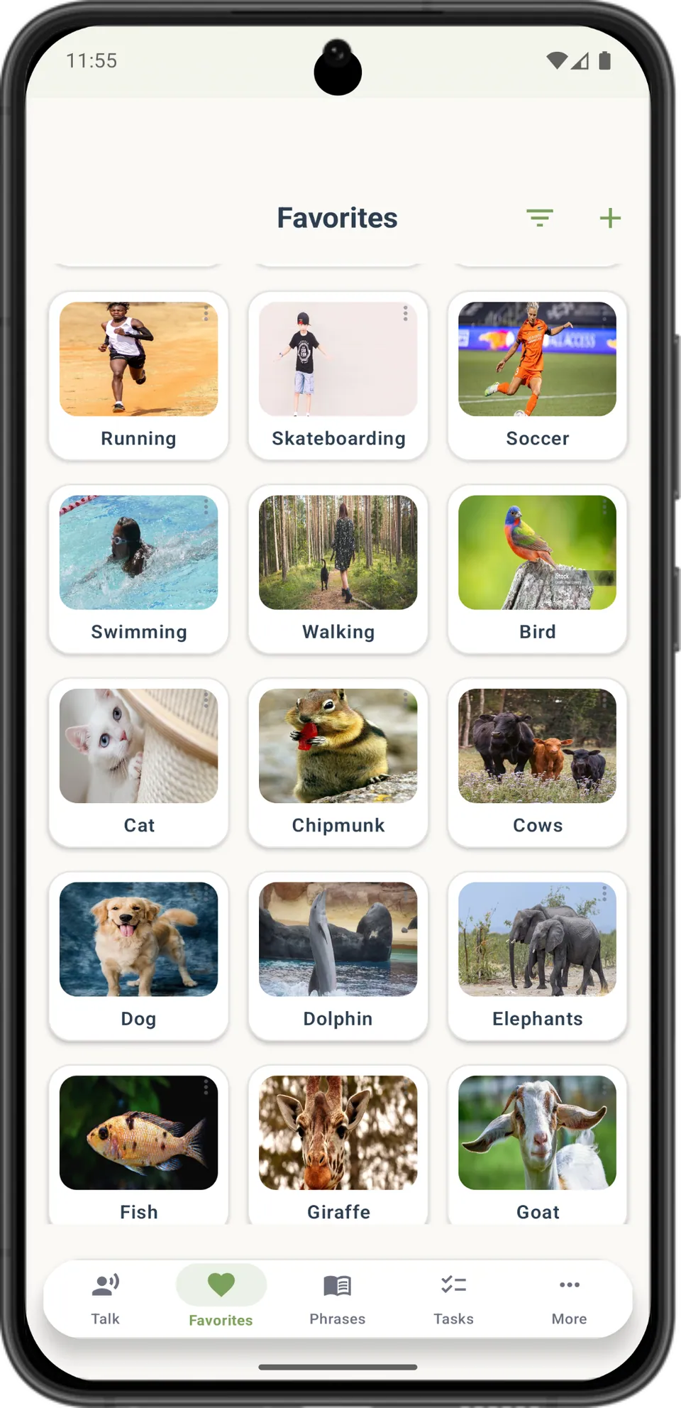 Incluve on a phone: favourites, with your own photos