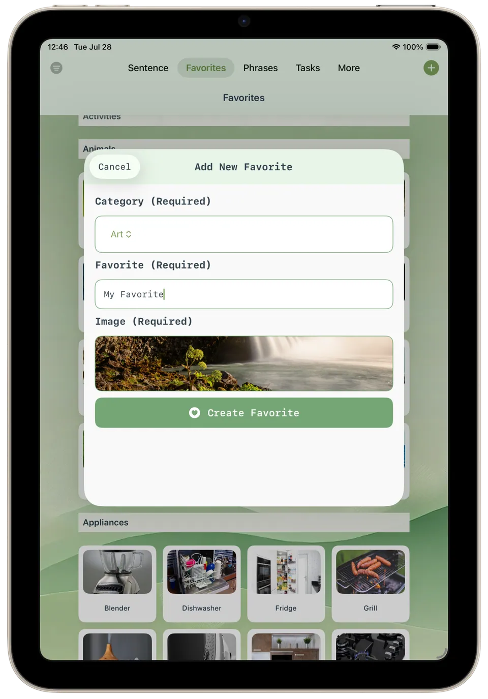 Incluve on a tablet: add new favorite