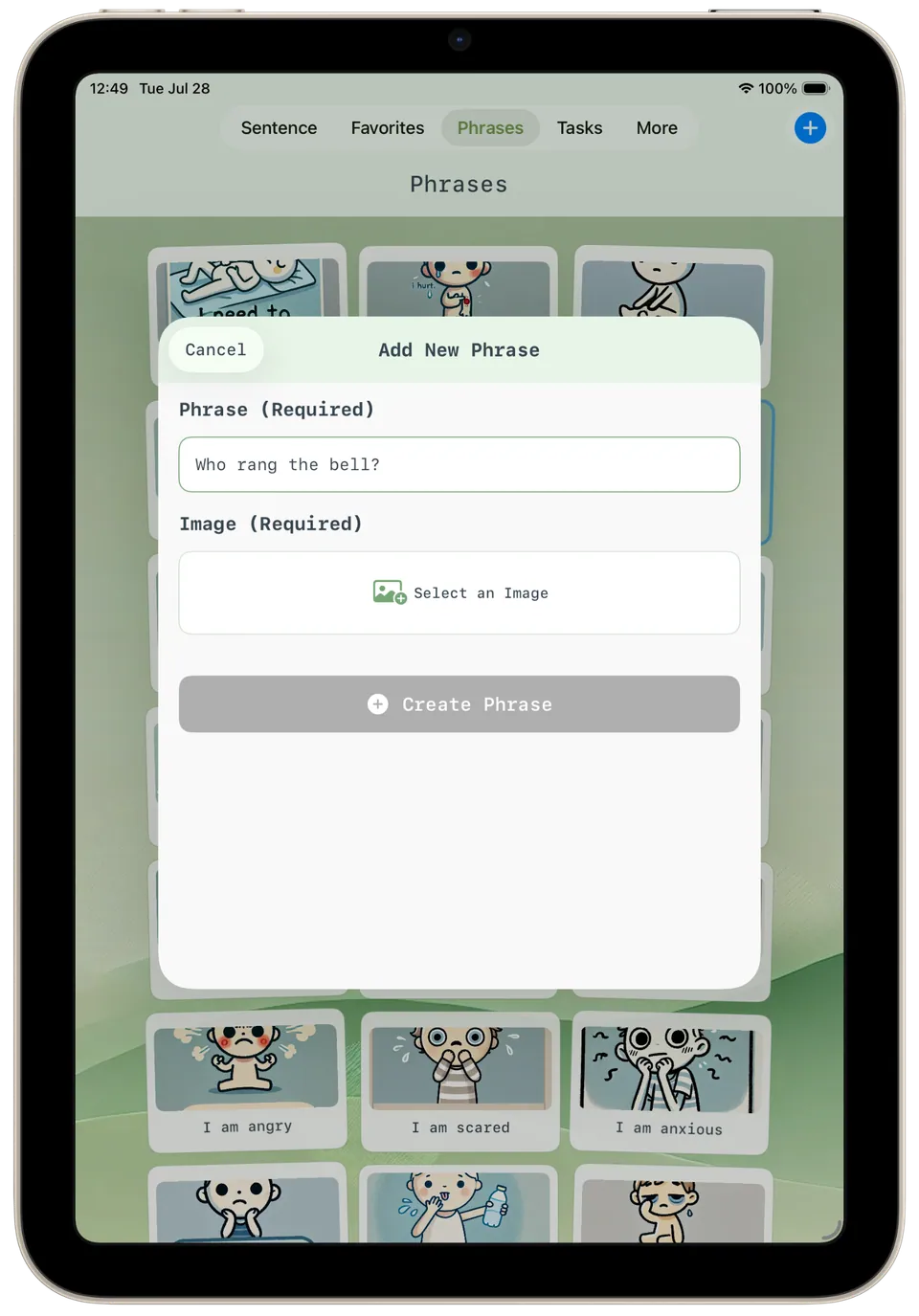 Incluve on a tablet: add new phrase