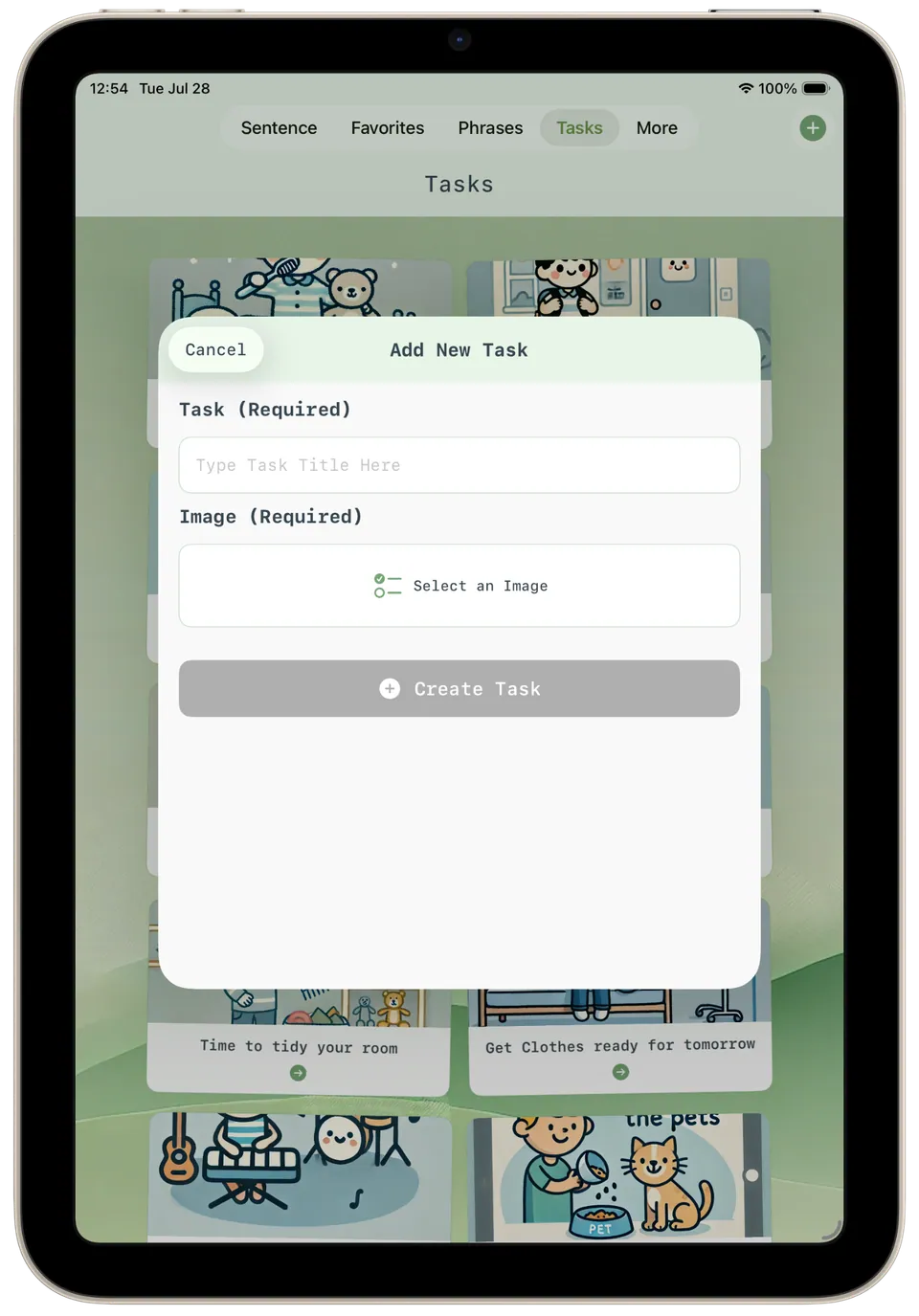 Incluve on a tablet: add new task