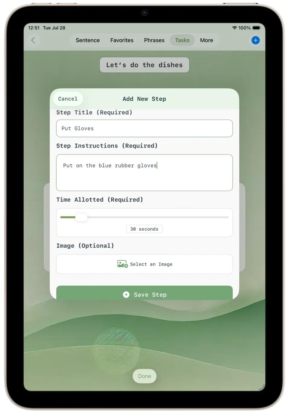 Incluve on a tablet: add task step