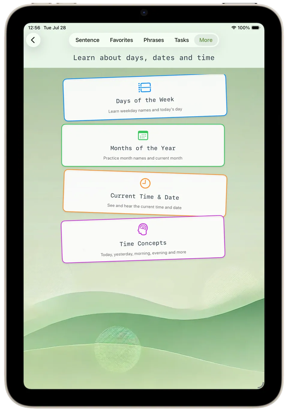 Incluve on a tablet: date, time, days and months