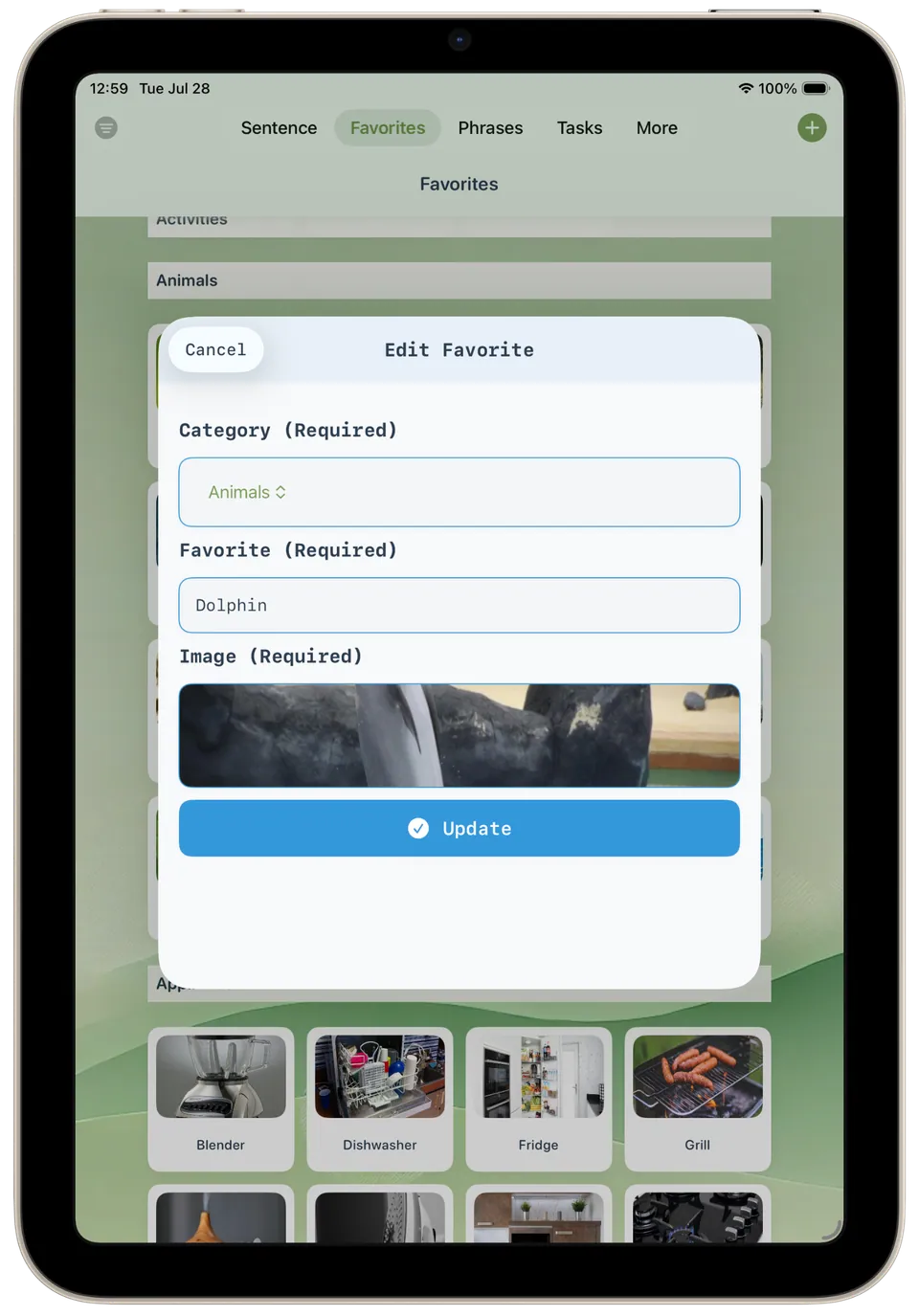 Incluve on a tablet: edit favorite