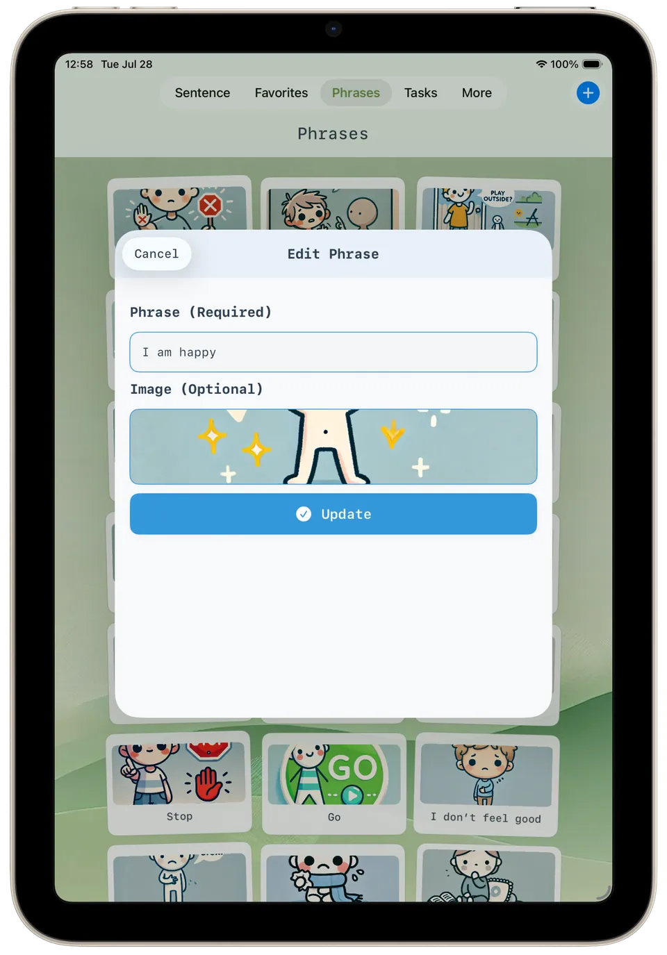 Incluve on a tablet: edit phrase