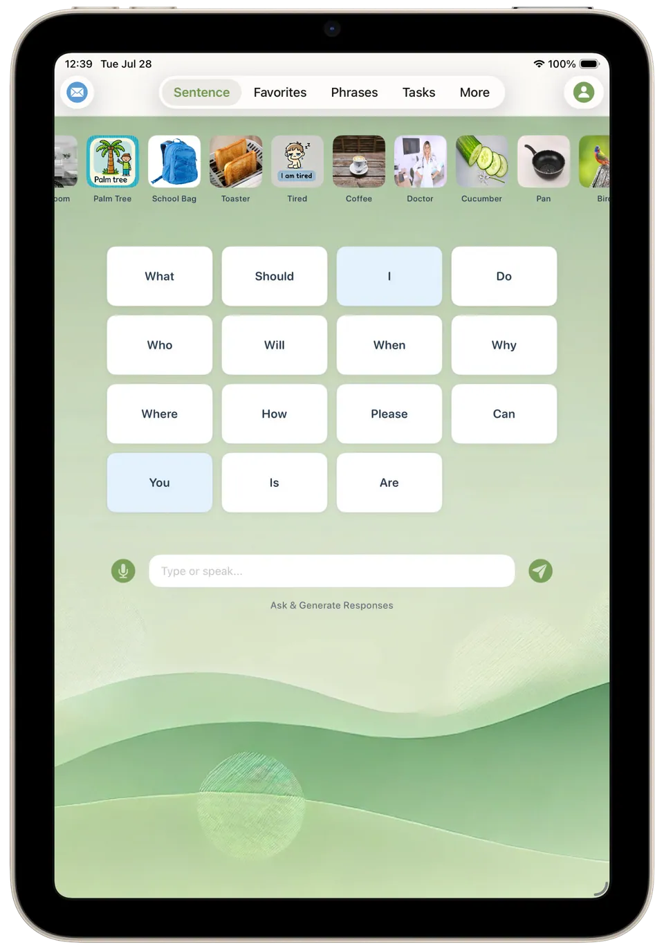 Incluve on a tablet: first word sentence