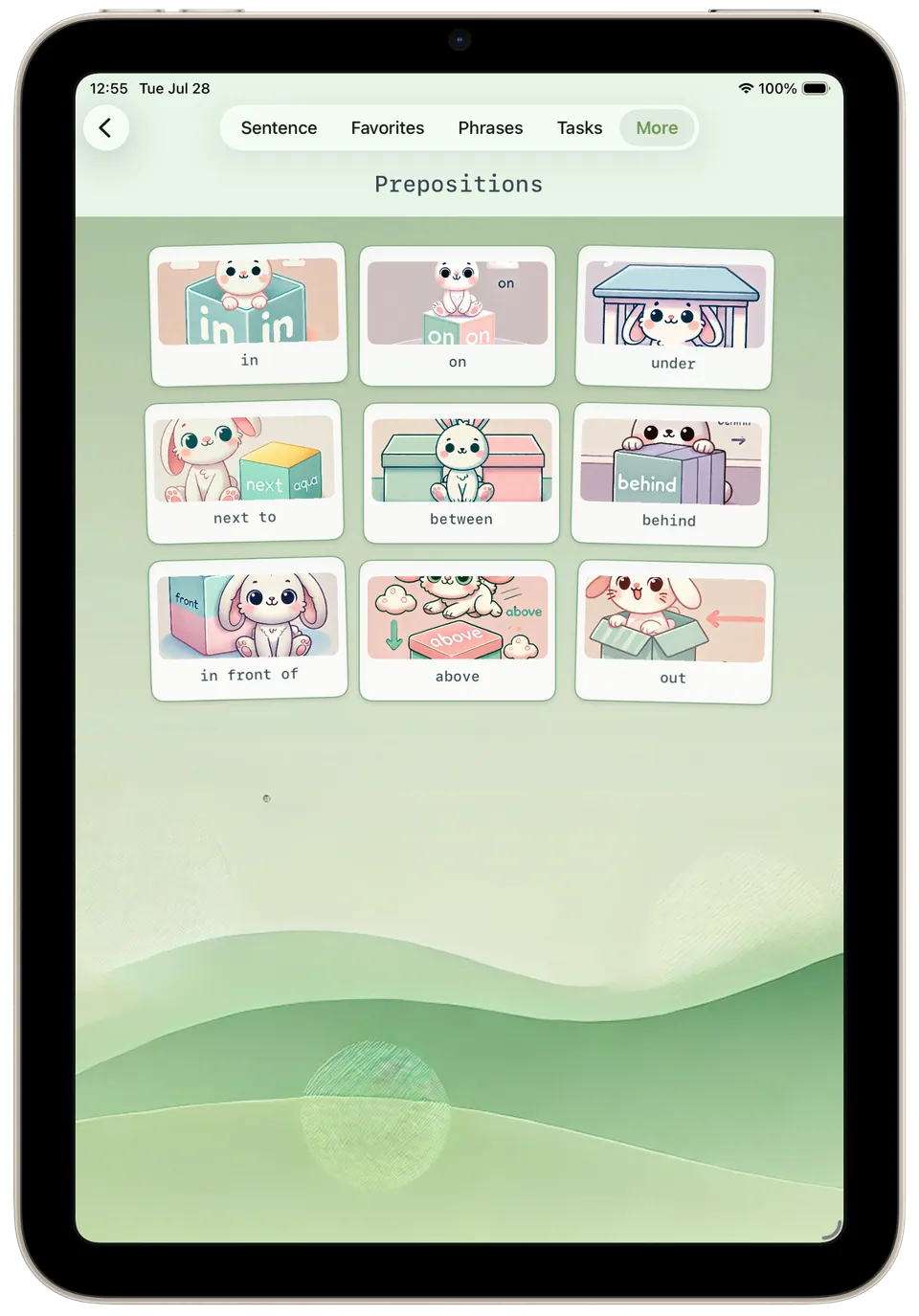 Incluve on a tablet: prepositions