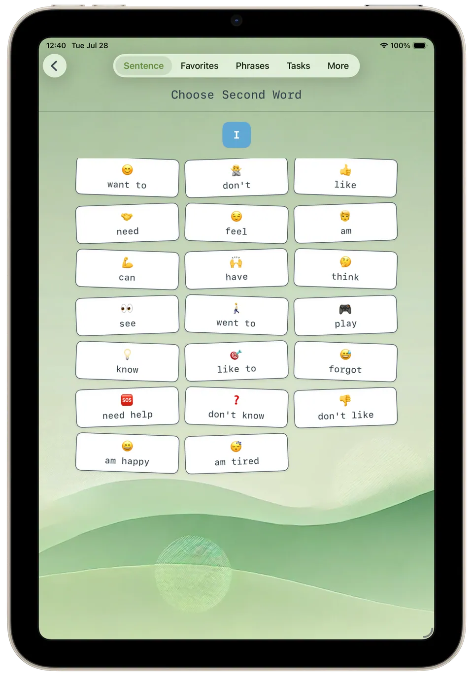 Incluve on a tablet: second word sentence