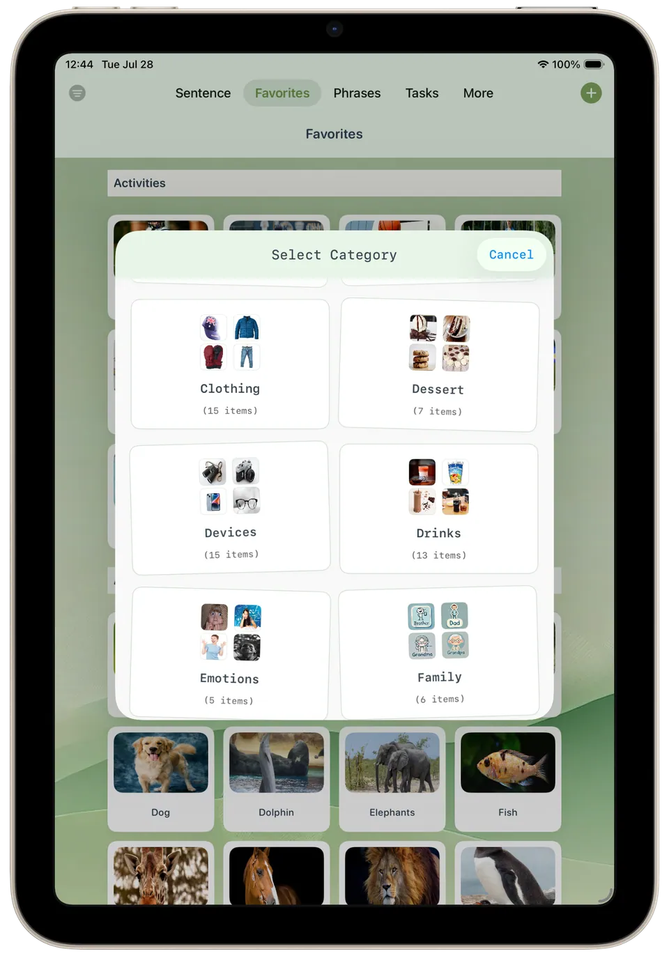 Incluve on a tablet: select favorites category