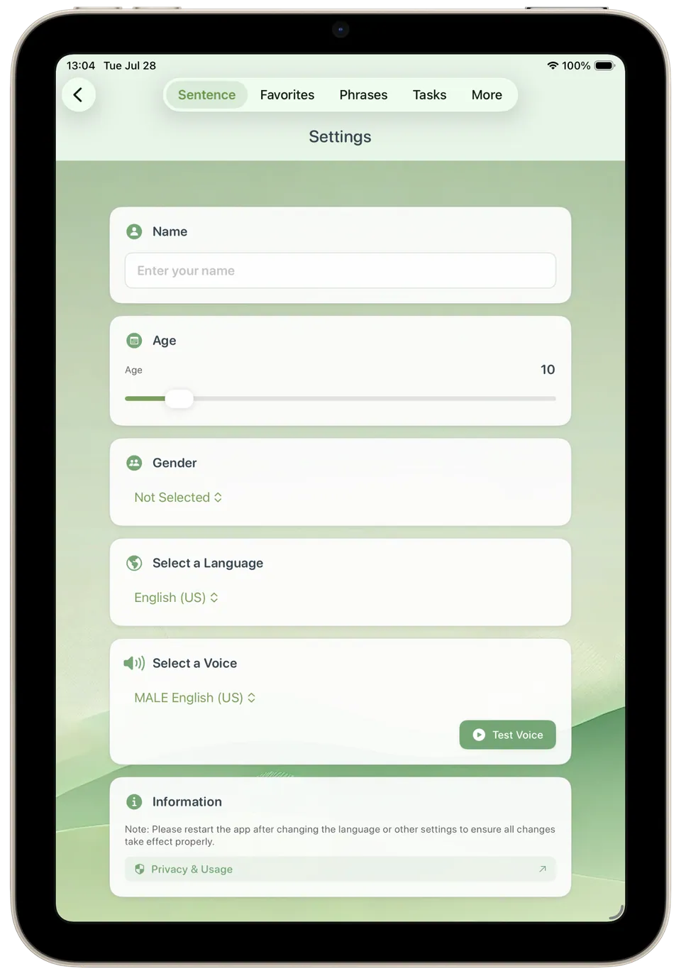 Incluve on a tablet: settings