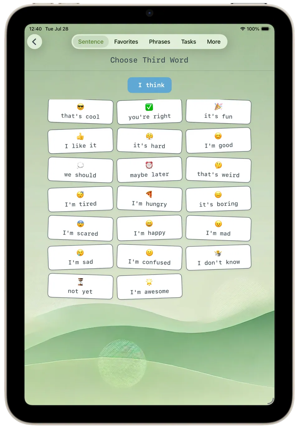 Incluve on a tablet: third word sentence
